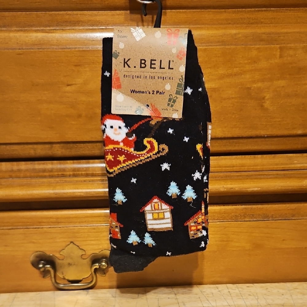 K. Bell Black Holiday Socks with Santa Design